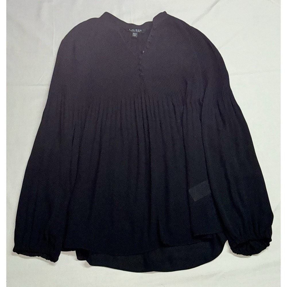 Lauren Ralph Lauren Black Label Pleated V Neck Button Blouse Shirt Top Sz XS